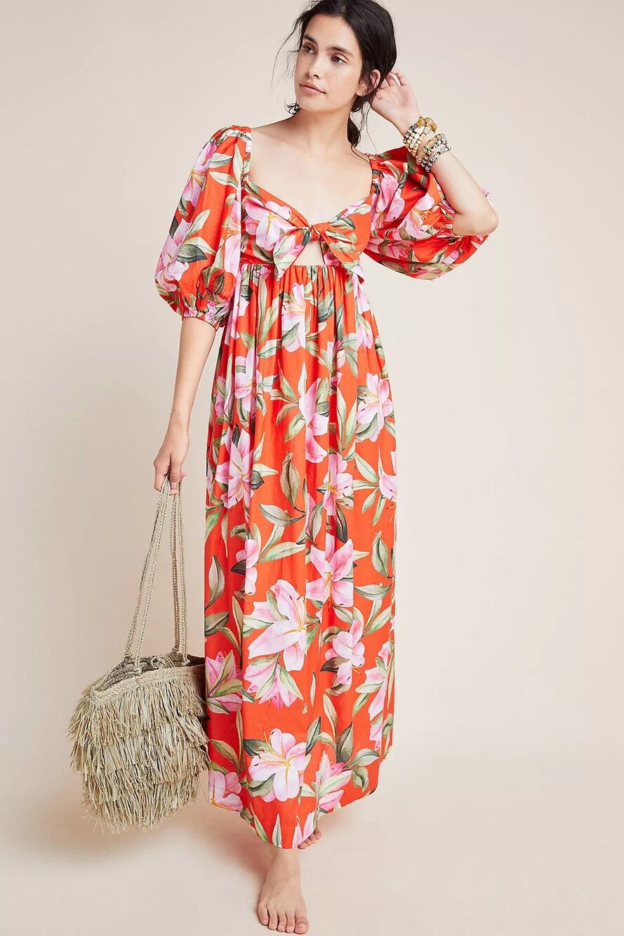 Mara Hoffman Swim Violet Red Lily Floral Print Puff Sleeve Coverup Maxi Dress XS